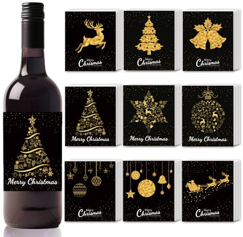 SUPERDANT 45PCS Etichetta per Bottiglie di Vino Cervo Natale in Nero e Oro con Fiocchi di Neve Coperture per Bottiglie di Champagne e Vini Decorazioni e Regali Natalizi