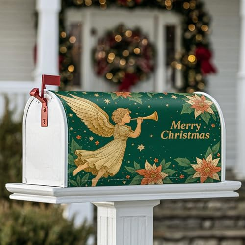 Fundas magnéticas para buzón, diseño de ángel, diseño de trompeta festiva de Navidad, color verde, para decoración de patio delantero, 45,7 x 53,3 cm