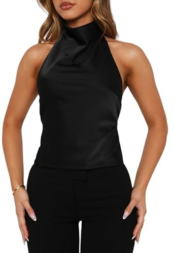 Women Silk Halter Neck Top Open Back Satin Vest Shirt Sleeveless Crop Backless Tank Going Out Tops(Basic Black,S)