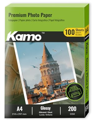 Kamo Papier photo jet d'encre brillant, A4, 200 g/m², 100 feuilles, Papier pour impression photo, pour imprimante à jet d'encre Canon Hp Epson