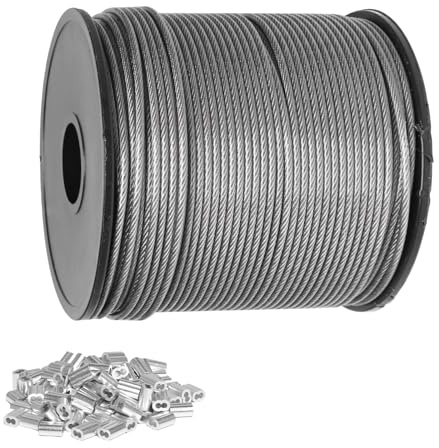 Wire Rope 304 Stainless Steel Cable with Aluminum Crimping Loops, Heavy Duty 7x7 Strand Core Metal Wire for Garden Climbing Plants, Picture Hanging, Clothes Line (Diameter: 2mm Length: 100m)