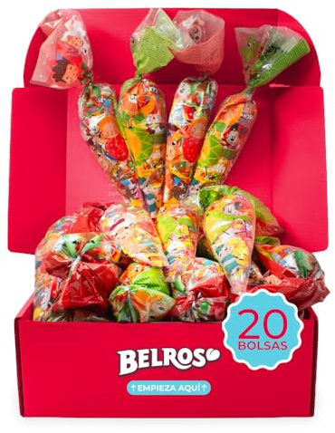 BELROS Pack de 20 Bolsas Conos ya Montados. Ideal Celebraciones y Cumpleaños. Contiene Dulce y Salado. Mix Golosinas, Chuches, Caramelos y Snacks Salados. Cucuruchos Rellenos