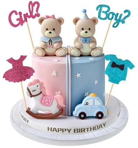 Gender Reveal Kuchen Deko, 8 Stück Teddybär Tortendeko, Glitzer Kleid Strampler Teddybär Auto Schaukelpferd Boy or Girl Tortendeko Set, Baby Shower Torte Dekoration Junge Mädchen