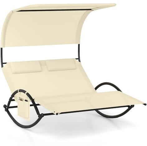 Giantex - Tumbona de jardín para 2 personas, bolsillo lateral, tumbona doble basculante, carga 300 kg, toldo parasol, 2 almohadas extraíbles, marco de metal, para jardín, color beige