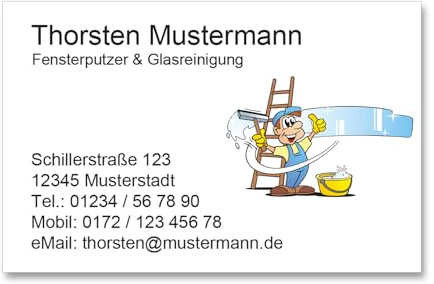 Personalisierte Visitenkarten selbst gestalten, ab 100 Stück, 85x55 mm, 350g/m2 matt, hochwertiger Druck, inkl. Kartenspender - Fensterputzer Glasreinigung