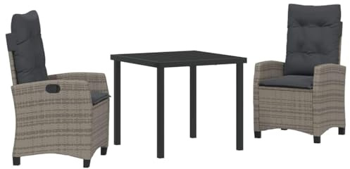 PUGYNBK Set da pranzo da giardino grigio polyrattan 3 pezzi con tappezzeria, set da pranzo con tavolo in vetro temperato e sedie con schienale regolabile, ideale per terrazza e giardino, moderno