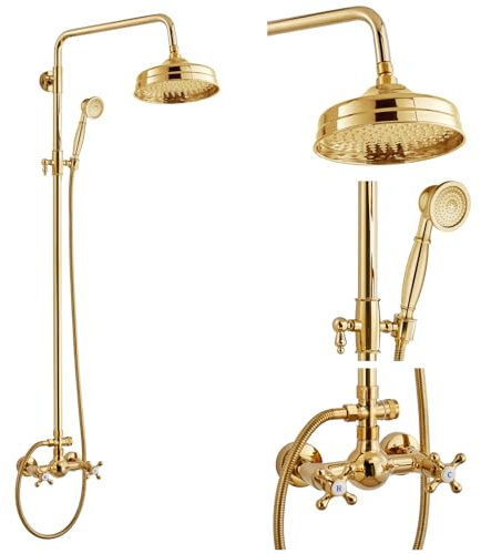 gotonovo Bathroom Exposed Shower Fixtures 8 Inch Rain Showerhead Double Cross Handles 2 Function Wall Mount Shower Faucet Set, Brass Handheld Spray, Polish Gold