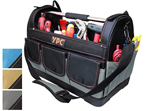 YPC Pioneer Werkzeugkorb XXL – Profi tragbare Werkzeugtasche mit stabilem Boden, Wasserfest, Reißfest, Schultergurt mit Polster & Metall-Handgriff, Grau-Schwarz, 45x35x23cm – 20 kg Tragkraft