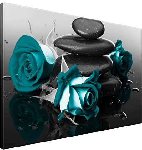 Estika Leinwand bilder - Türkis Rosen auf Spa-Steinen - 120x80 cm, 1 teilige kunstdruck - Wandbilder wohnzimmer, schlafzimmer, Moderne wanddeko, Bild auf leinwand - Blumen bilder - 2553A_1B