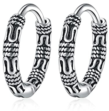 WSZJLN Noir Vintage Cool Big RoundIndian Boho 925 Sterling Silver Hoop Boucles d'oreilles pour Hommes Femmes À La Mode Épais Bijoux