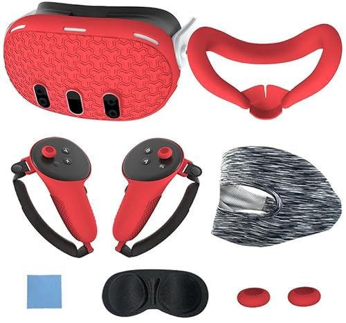 7-teiliges Set für Meta Quest 3 Zubehör,Quest 3 VR Silikon Gesichtsabdeckung,Anti-Scratch VR Shell Cover,Tastenwippenkappen,Objektivschutzhülle,Augenabdeckung,Wischtuch (Rot)