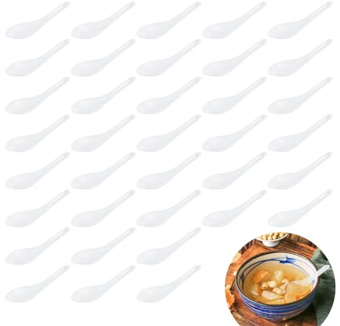 LIOUCBD 100 Pack Disposable Asian Soup Chinese Spoons, Disposable White Plastic Spoons, Translucent Dinner Rice Spoon for Egg Custard, Pudding, Oatmeal, Stews, Ramen, Pho, etc