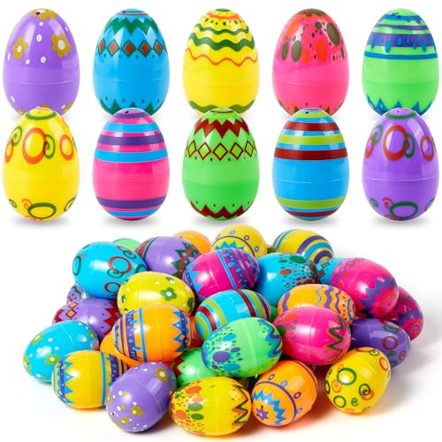 JOYIN 36 huevos de Pascua de 5,8 cm para rellenar, de plástico de colores impresos, vacíos, en grandes cantidades, para caza de Pascua, relleno de cesta, accesorios para aulas
