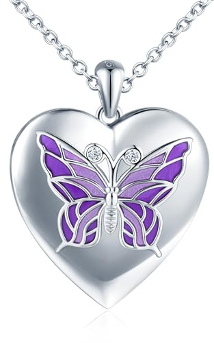 MICMIF Argento 925 Foto Medaglione Cuore con Farfalla Collana Donna Ciondolo Portafoto Personalizzata, Collana Locket Apribile per 2 Foto, Catena 45+5cm per Donne Ragazze Mamma