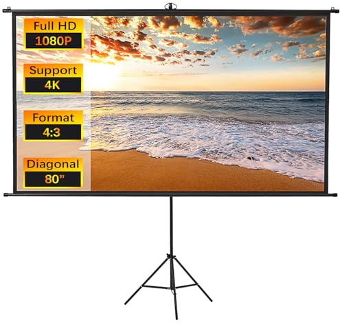 INMOZATA 80 inch Projector Screen and Stand/Wall/Ceiling Mounted Projection Screen Outdoor Indoor with 4:3 Matte White Screen & Ambient Light Rejecting Movie Screen for Garden Camping Home Theater