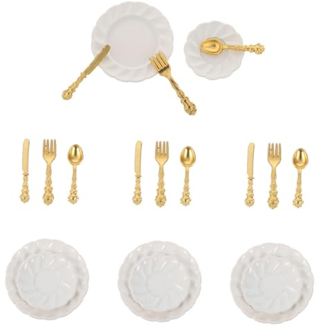 iplusmile Miniature Servizio da Tavola in Lega per Casa delle Bambole Piatti Coltello Forchetta e Cucchiaio Accessori da Cucina in Miniatura per Decorazione e Giochi di Ruolo