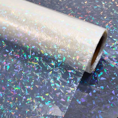 BENECREAT Pellicola Olografica In Vinile Trasparente 20x0.3m, Pellicola per Laser, Vinile Trasparente Impermeabile per Cucito, Artigianato e Decorazione, Motivi con Gemme Iridescenti
