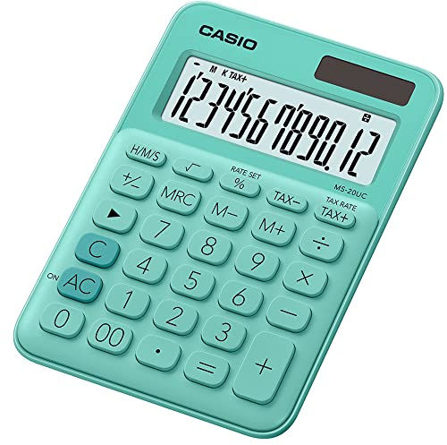 Casio Tischrechner MS-20UC-GN, 12-stellig, in Trendfarben, Steuerberechnung, Zeitumrechnung, Solar-/Batteriebetrieb, Grün