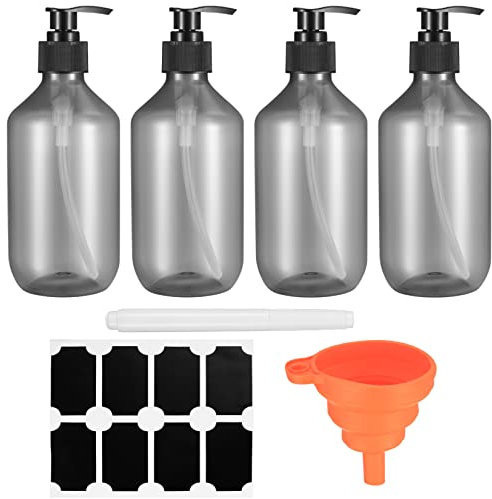 4 Pz Bottiglie Vuote Pompa a Pressione, 300 ml Dispenser Contenitore di Sapone Plastica per Shampoo Lozioni Bagno Cucina, con Etichetta Penna Imbuto (Nero trasparente)