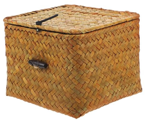 DECHOUS Medium Colored Straw Plaited Box with Lid Multipurpose Decorative Storage Basket for Tea Jewellery and