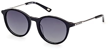 Skechers SE6157 Damen-Sonnenbrille, Leichte Freizeit-Sonnenbrille, Runde Glasform, Polarisierte Gläser, Schwarz Glänzend