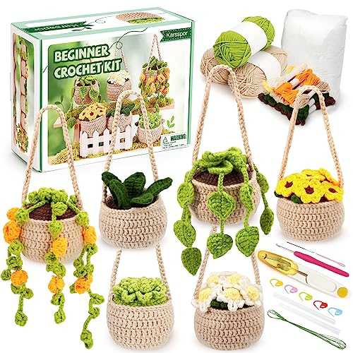 Karsspor Beginner Crochet Kit for Adults - 6 PCS Hanging Potted Plants Crochet, Crochet Starter Kit with Detailed Instructions and Video Tutorials, Complete Crochet Kit for Beginners (Patent Product)