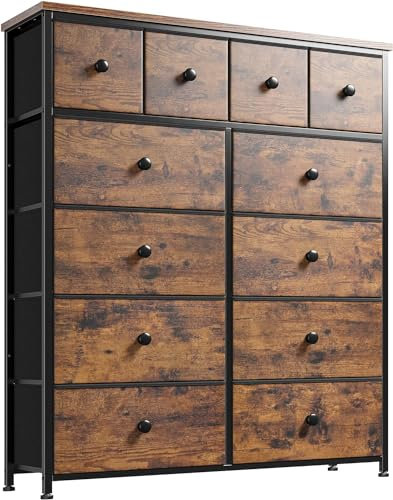 EnHomee Chest of Drawers, 12 Drawer Chest of Drawers with Easy Pull Handle, Tall Chest of Drawers for Bedroom, Fabric Drawers for Hallway, Storage Living Rooms, Closet, Rustic Brown