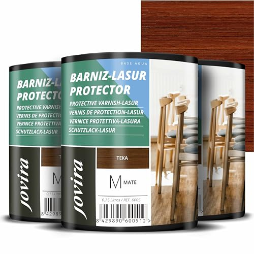 JOVIRA PINTURAS BARNIZ-LASUR Protector Mate al Agua. Protege, decora y embellece todo tipo de madera. (3x750 Mililitros, Teka) F-11-3