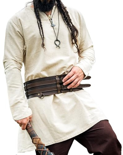Leonardo Carbone® Túnica de lino vikingo Ragnar - Ropa medieval, camisa de lino para hombre, camisas de ocio de manga larga, disfraz de carnaval, túnica vikinga, ropa LARP - 100% lino azul,