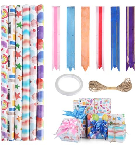 6 Bögen Geschenkpapier Set für Geburtstag und Einschulung - Mit Schleife und Doppelseitig Klebend - Kinder-Geschenkpapier Rolle (50x70cm)