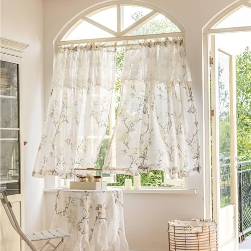 Wycian Boho Deko Outdoor Ösenvorhang Creme Beige Voile 2er Pack Halbtransparent mit Pflanzenmuster und Spitze H160 x B102 cm (2er Pack) Polyester