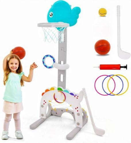 4 in 1 Basketball Hoop and Stand Height Adjustable for Kids with Ball,Ring Toss,Ball Toss,Pump and Golf Set,Toddler Mini Outdoor/Indoor Play Equipment Toy,Gift for Girls & Boys,White