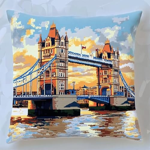 ANSIWEIGO Knüpfkissen 43x43 cm – DIY Knüpfset mit Knüpfhaken-Set für Anfänger & Erwachsene, bedruckte Leinwand, 3D Dekokissen für Sofa,Blick auf die London Bridge