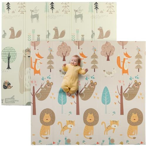 AIYAPLAY Tappeto Bambini 0-6 Anni da 3.45㎡ a Tema Bosco con Superficie Impermeabile, Tappeto per Gattonare in XPE, 196x176x1.5 cm, Multicolore