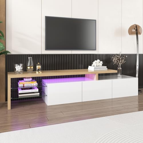 OOIILLEE Meuble TV Moderne 180 cm avec Rangements | Meuble Télé Blanc Brillant et Aspect Bois | Étagères en Verre Trempé | Éclairage LED Intégré | Design Élégant pour Salon Séjour