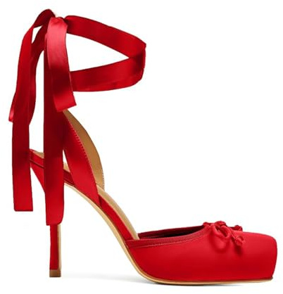 GOGD Satin Ballet Heels Lace Up Closed Square Toe Stiletto High Bow Ballerina Slingback Pumps Strappy Mary Jane Elegant Shoes Red