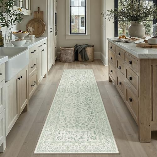 PureCozy Waschbarer LäUfer Flur Teppich 60x240cm Vintage kurzflor rutschfest Weich Blumenmuster Teppiche für Küchen Hallway Bettvorleger Wohnzimmer Schlafzimmer Carpet, Grün
