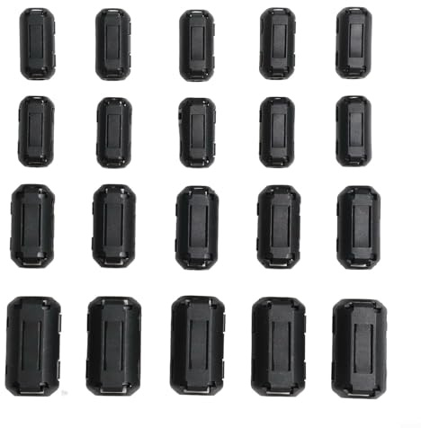 Clips de supresión de ruido de núcleo de ferrita (20 unidades: 3,5 mm/5 mm/7 mm/9 mm) para RFI/filtrado en cables USB, audio, video, alimentación y coaxiales, color negro