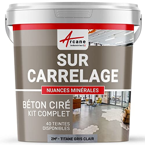 Béton Ciré sur Carrelage, Sol Mur 2 m² (en 2 couches) Titane Gris Clair | Cuisine, Salle de Bain, Plan de Travail, Accroche Renforcée, Anti-Taches, Résistant, Kit Complet - Arcane Industries