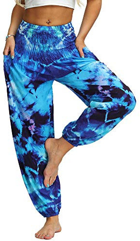 Nuofengkudu hippie haremsbyxor med fickor för kvinnor, yogabyxor, Blå A, En Storlek