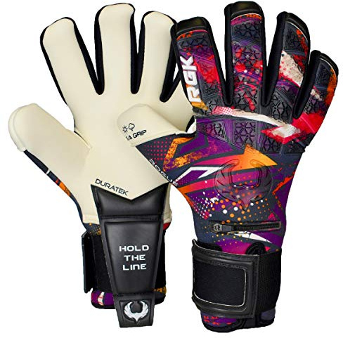 Renegade GK Limited Edition Rogue Slash Goalie Gloves with Pro-Tek Fingersaves | 4mm Giga Grip & Neoprene | Black, Purple, Gold Soccer Goalkeeper Gloves (Size 7, Youth, Negative Cut, Level 4+)