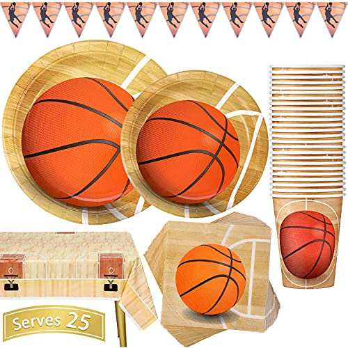 Basketball Partygeschirr 102 Stück Geburtstag Partyteller Sportthema Kindergeburtstag Geschirr Set Enthält Teller, Tassen, Servietten, Tischdecke und Banner, für 25 Gäste