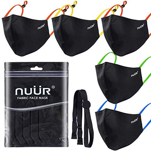 NUÜR Kids 100% Cotton Breathable Face Mask 5-Pack in Black Colour, Contrasting Adjustable Ear Loops, 3-Layer Protection, Soft, Machine Washable, Durable for Everyday Use