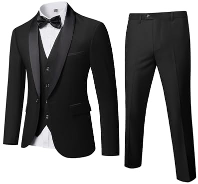YND Men's 3 Piece Slim Fit Tuxedo Set, One Button Shawl Collar Solid Jacket Vest Pants with Bow Tie