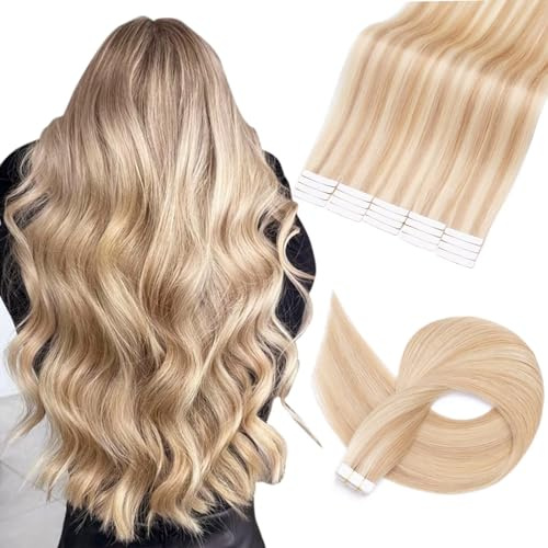 TESS Tape Extensions Echthaar #18P613-Goldblond/Lichtblond 40 cm Klebeband Haarverlängerung 20er Pack Glatt Remy Tape in Hair Extensions für Haarverdichtung (20 Tressen #18/613-Goldblond/Lichtblond)