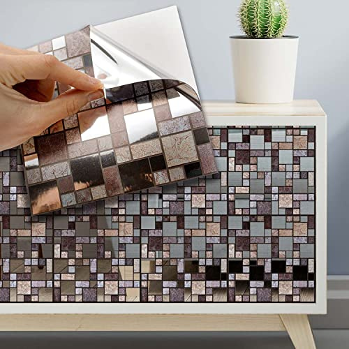 WALPLUS 24 Stück 15x15cm Metallisch Silber Braun Steinmosaik Brown Aluminium Folie Wandfliesen Aufkleber Abziehen und Kleben Backsplash Abziehbilder Startseite Dekore Aufkantung für Küche Badezimmer
