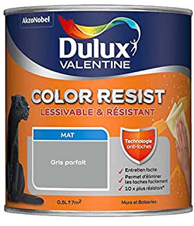 Dulux Valentine Color Resist Pièces à Vivre - Peinture Intérieure Murs, Plafonds, Boiseries - Lessivable et Résistante - Couleur : Gris Parfait - 0,5 L
