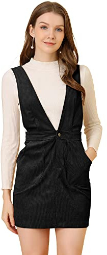 Allegra K Women's Corduroy Overall Pinafore Dress Strap Suspender Skirt Medium Black