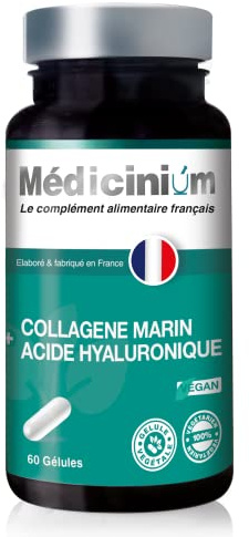 COLLAGENE MARIN hydrolysé naturel + ACIDE HYALURONIQUE + Coenzyme Q10 + Vitamine A, 60 gélules, action sur les articulations et la peau, fabriqué en France par Médicinium