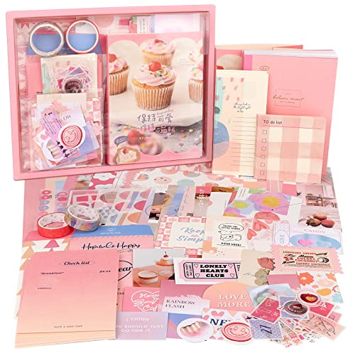 Draupnir 344 Bit Scrapbooking tillbehörssats, rosa Kawaii Bullet Journal Scrapbook Kit med A6 rutnät anteckningsbok, DIY scrapbooking present för tonårsflickor - söt